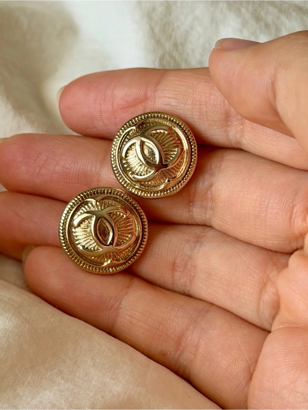 CHANEL Gold Round Interlocking CC Button Earrings